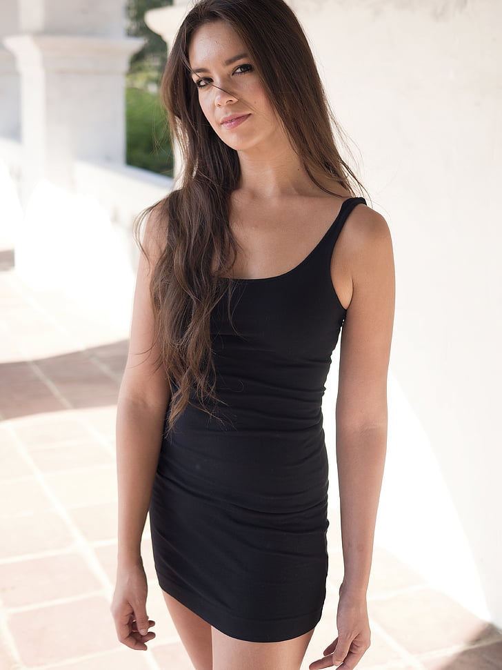 girl, woman, black dress, long hair, sexy, tight dress, columns
