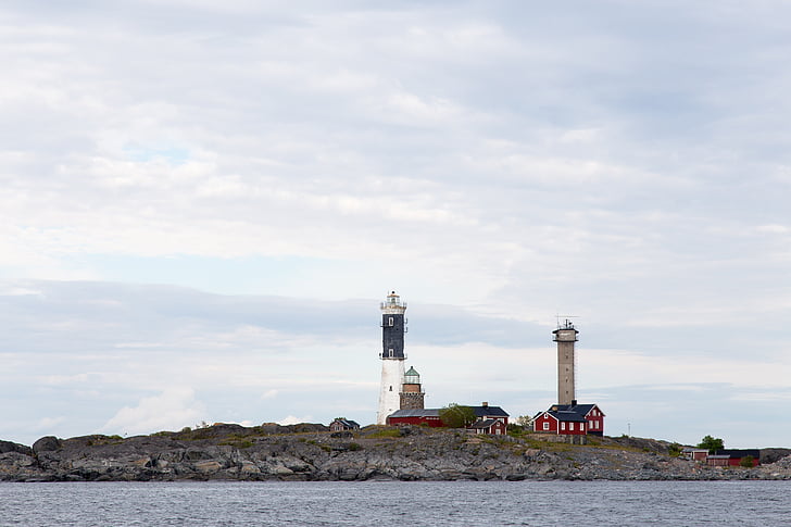 Lighthouse, tornet, nära, kroppen, vatten, vit, molnet