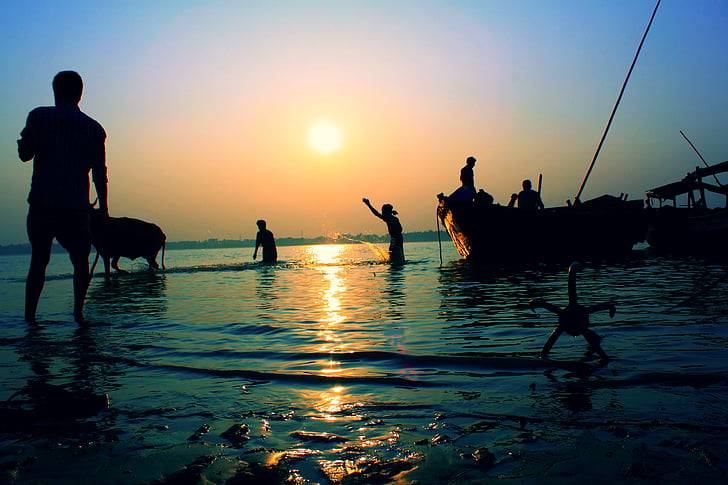 пейзаж, река, залез, Бенгалия, селски, селяни
