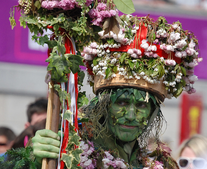 green man, hat, flowers, face, male, portrait, costume