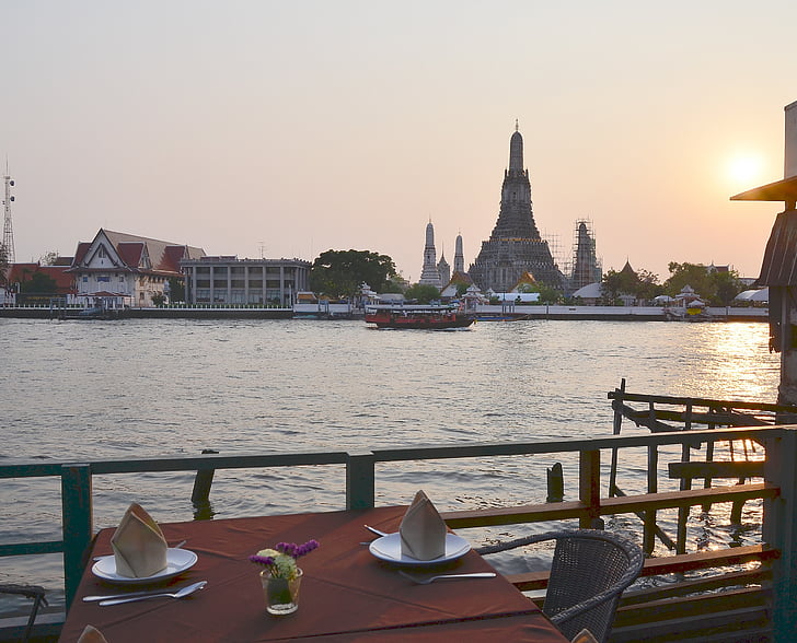 sunset, bangkok, temple of dawn, dinner, romantic, asia, thailand