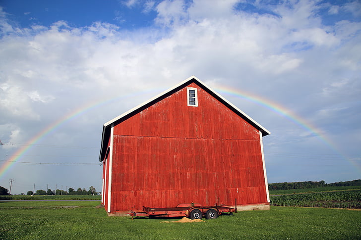 rainbow, barn, red barn, old barn, country barn, rustic barn, barn back