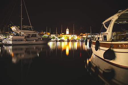 boats, harbor, harbour, night, pier, port, reflection