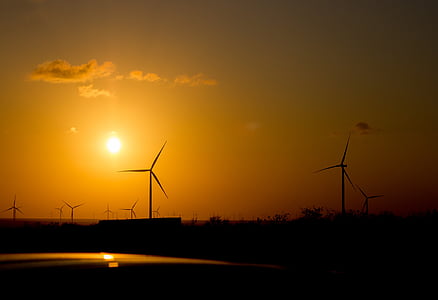 solnedgang, energi, solen, vind, turbin, miljø, generator