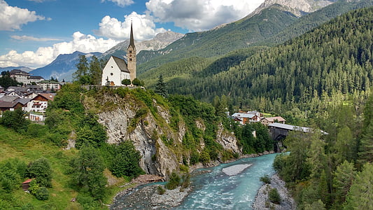 church, river, trees, mountain, forest, europe, sky