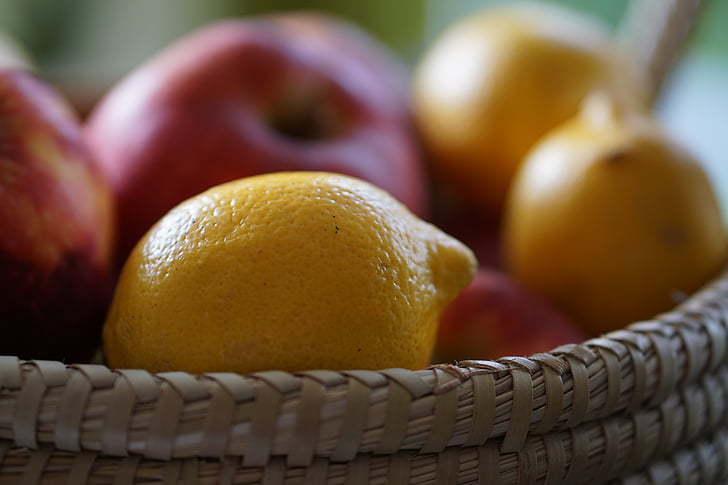 Alma, citrom, kosár, gyümölcs, gyümölcsök, vitaminok, egészséges