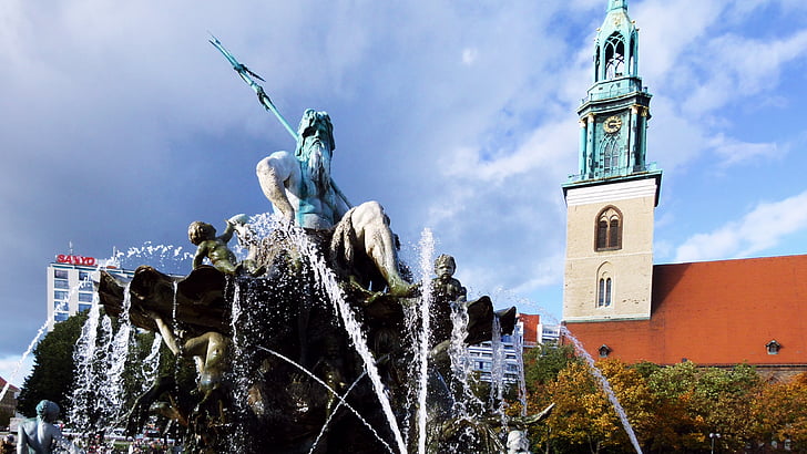 fountain, neptune, berlin, stone figure, sculpture, sea god, spewing water