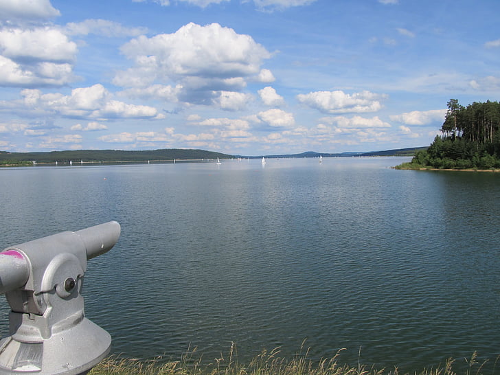 teleskops, skats, viedoklis, brombachsee, ezers, ūdens, ainava