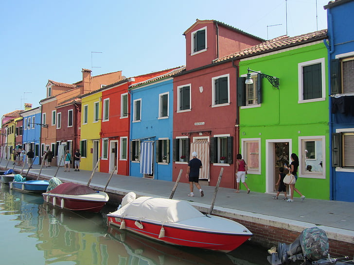 houses, colored, burano island, venice, italy, channel, water