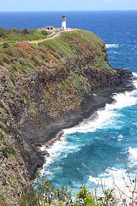 phare, promontoire, Hawaii, Kauai, île, falaises, mer