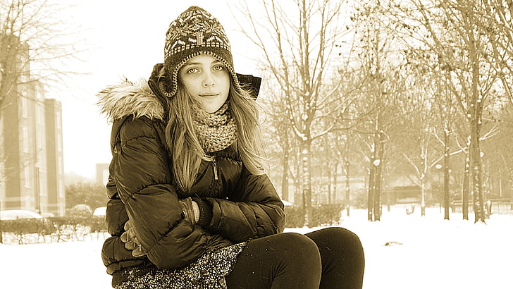 thiếu niên, Cô bé, Hoài niệm, Hat, mùa đông, tuyết, bộ dụng cụ cơ thể