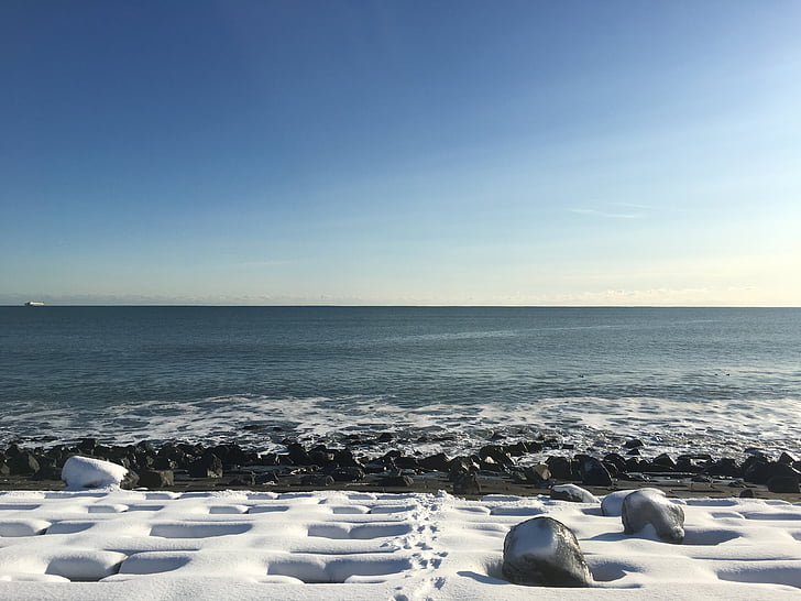 landskap, havet, snö, Hokkaido, blå himmel
