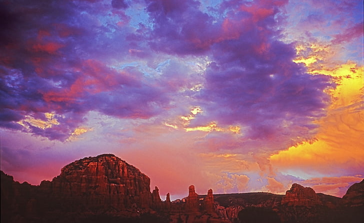 zachód słońca, czerwonych skał, niebo, pomarańczowy, niebieski, sceniczny, Buttes