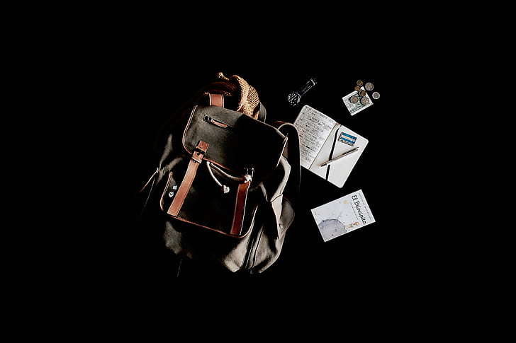 travel, bag, backpack, notebook, book, pennies, watch