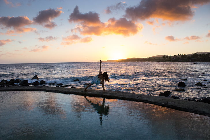 Foto, femeie, apus de soare, nor, ocean, Yoga, Răsărit de soare