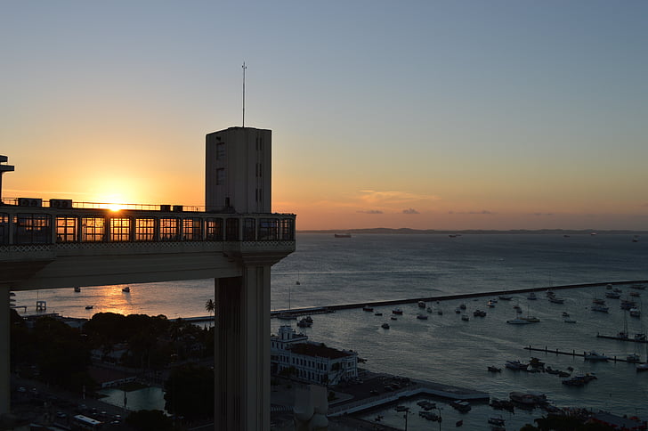 solnedgång, hissen lacerda, Salvador, Bahia, Brasilien, helgdagar, stranden