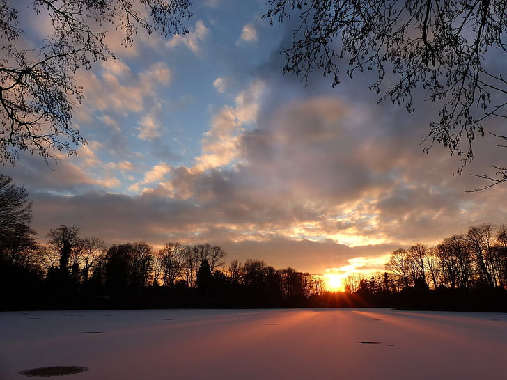 pôr do sol, cobertura de neve, Lago, invernal