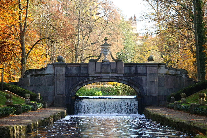 Jembatan, musim gugur, dedaunan jatuh, Castle park, Ludwigslust-parchim, patung, vas