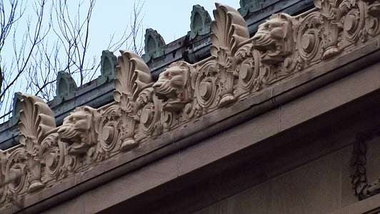 lion heads, gargoyles, water spouts, roof, sculpture, decorative, architecture