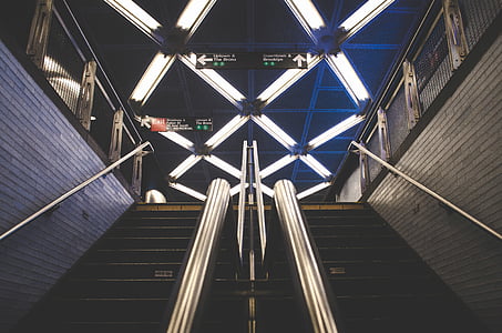 closeup, photo, stainless, steel, railings, subway, station