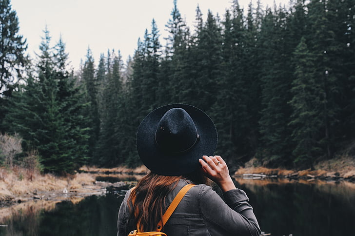 female, forest, girl, hat, lake, river, trees