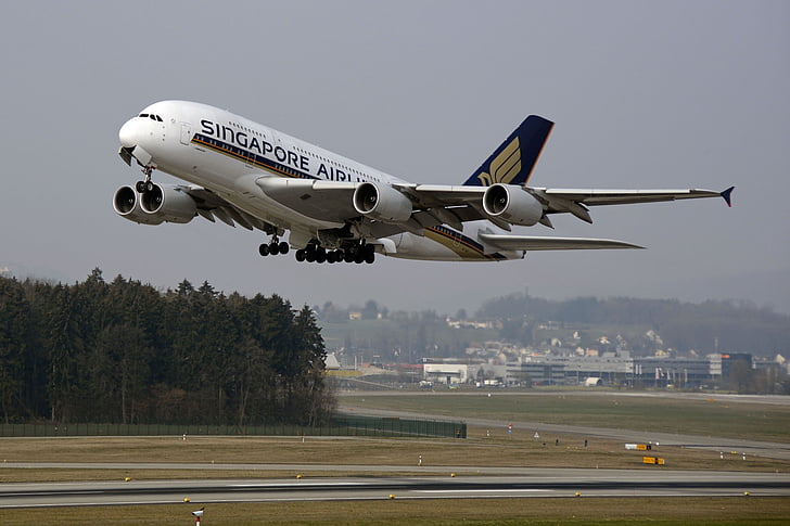 aircraft, start, take off, airbus, airbus 380, airport, fly
