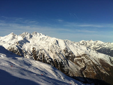 montanhas, Alpina, neve, pista, pista de esqui, esqui, céu