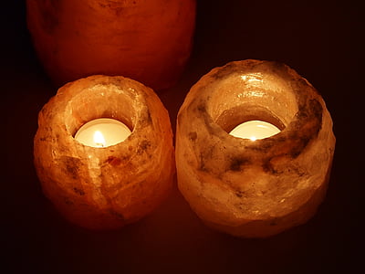 Solné lampy, sůl, solný krystal, svíčka, světlo, plamen, hořící svíčka