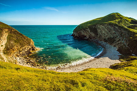 Dorset, jūras ainava, līcis, rifa