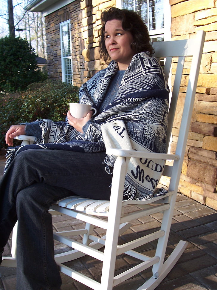 souther, native, woman, rocking chair, coffee, shawl, porch