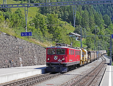 rhaetian railways, freight train, high alps, hub, filisur, transit, railway station