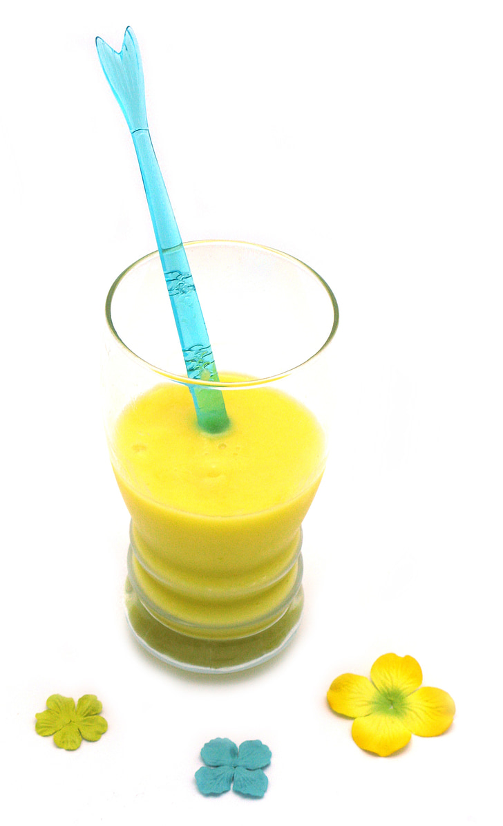 fruit, smoothie, glass, cup, blue, yellow, paper