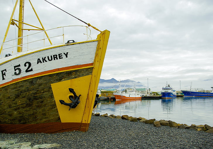 Исландия, рибарско пристанище, студено, лодки