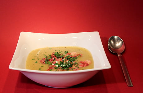 soupe, soupe de pommes de terre, ragoût, cuillère, plaque, manger, bols à soupe