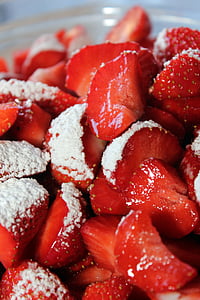 maasikad, tuhksuhkrut, magustoit, puu, punane, toidu, maasikas