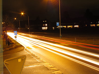 carretera, larga exposición, luces de coche