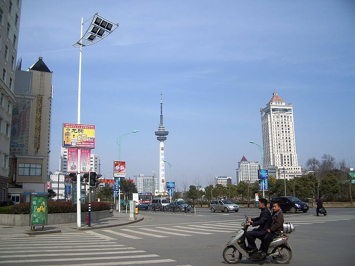 도시, 거리, 중국, tv, 타워, 오토바이, 사람들