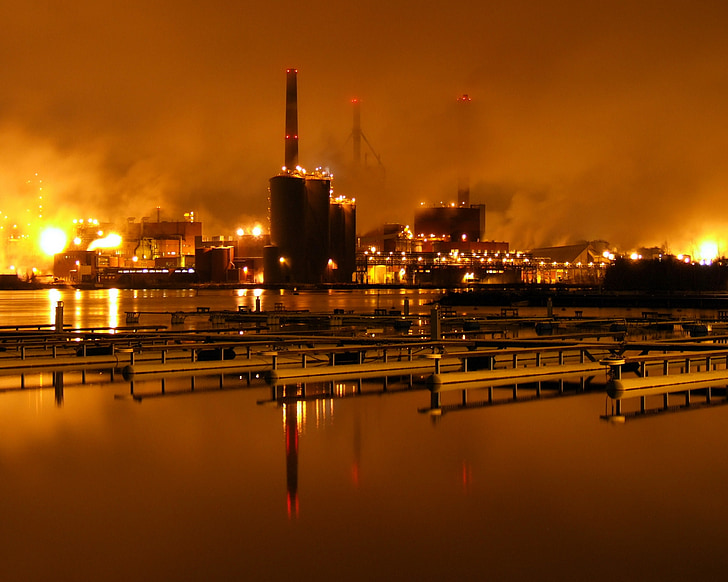 factory, night, paper mill, pulp, reflection, water, dark