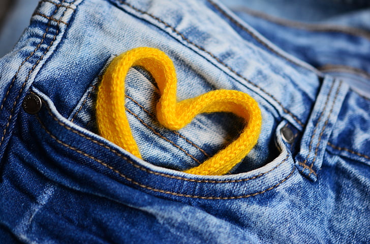 džinsai, kišenėje, širdies, laidas, mėlyna, siūlės, meilės
