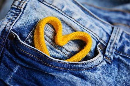 Jeans, poche, coeur, cordon, bleu, couture, affection