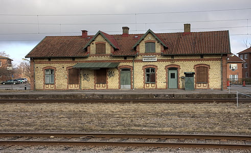 billesholms, train station, sweden, railway, brick building, rails, tracks