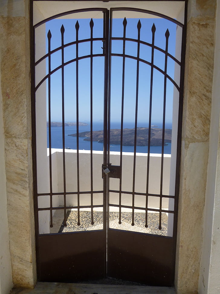Santorini, Song cửa, lưới, cửa, Đại dương, sắt, cũ, ngôi nhà
