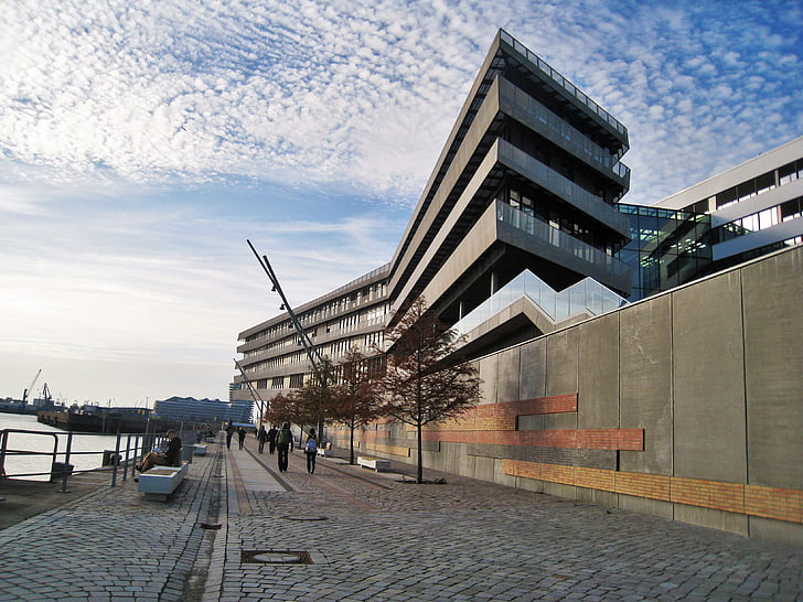 Hamburg, HafenCity universitet, på norra, HCU-byggnadskomplex, moderna, byggnad, fasad