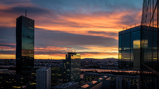 panoramic, aerial, photography, city, golden, hour, sunset