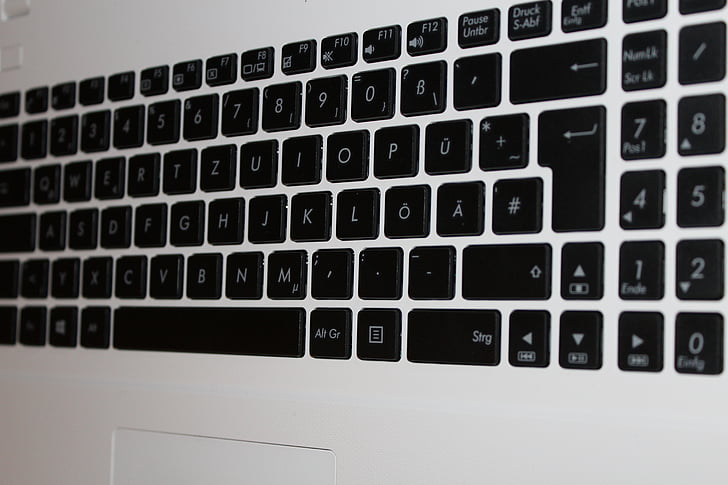 klávesnice, přenosný počítač, dopisy, klíče, datailaufnahme, počítačová klávesnice, zápisník