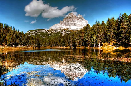 trys zinnen, Dolomitinės Alpės, kalnai, ežeras, Trentino, mėlyna, gamtos stebuklai