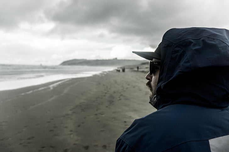 man, wearing, blue, hoodie, seashore, beach, cloud