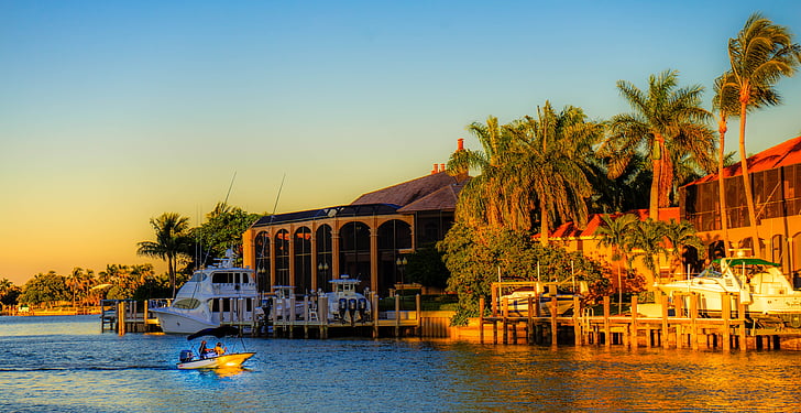 Marco Island, csónak, tengerparti, Florida, víz, építészet, naplemente