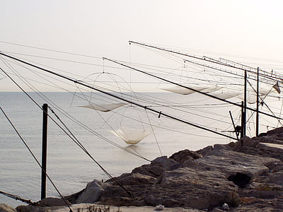 pêche, rampe de culbuteur, mer, silhouette, rétro-éclairage, nature