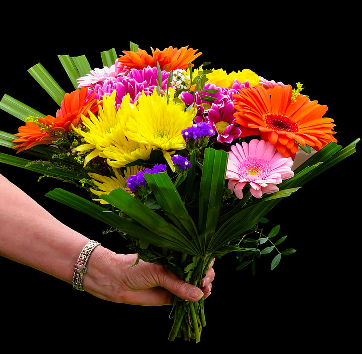 květiny, kytice, barevné, s pozdravem, Gerbera, růže, den matek